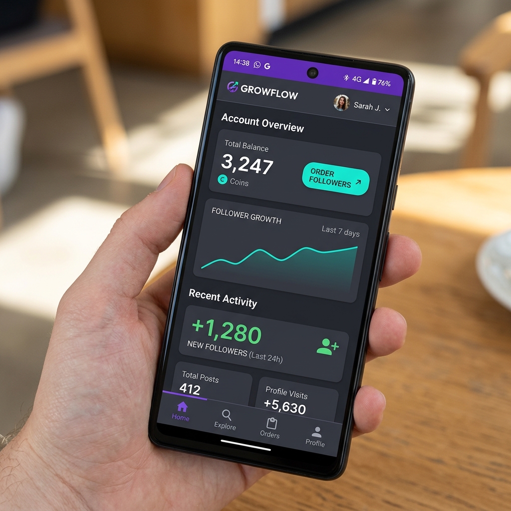 InstaUp app dashboard showing coin balance and follower order screen