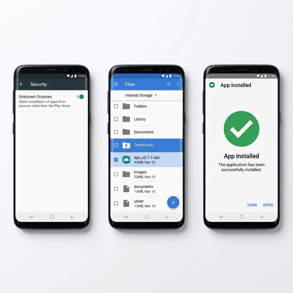 Three phones showing InstaUp APK installation steps: enable unknown sources, select APK file, installation complete
