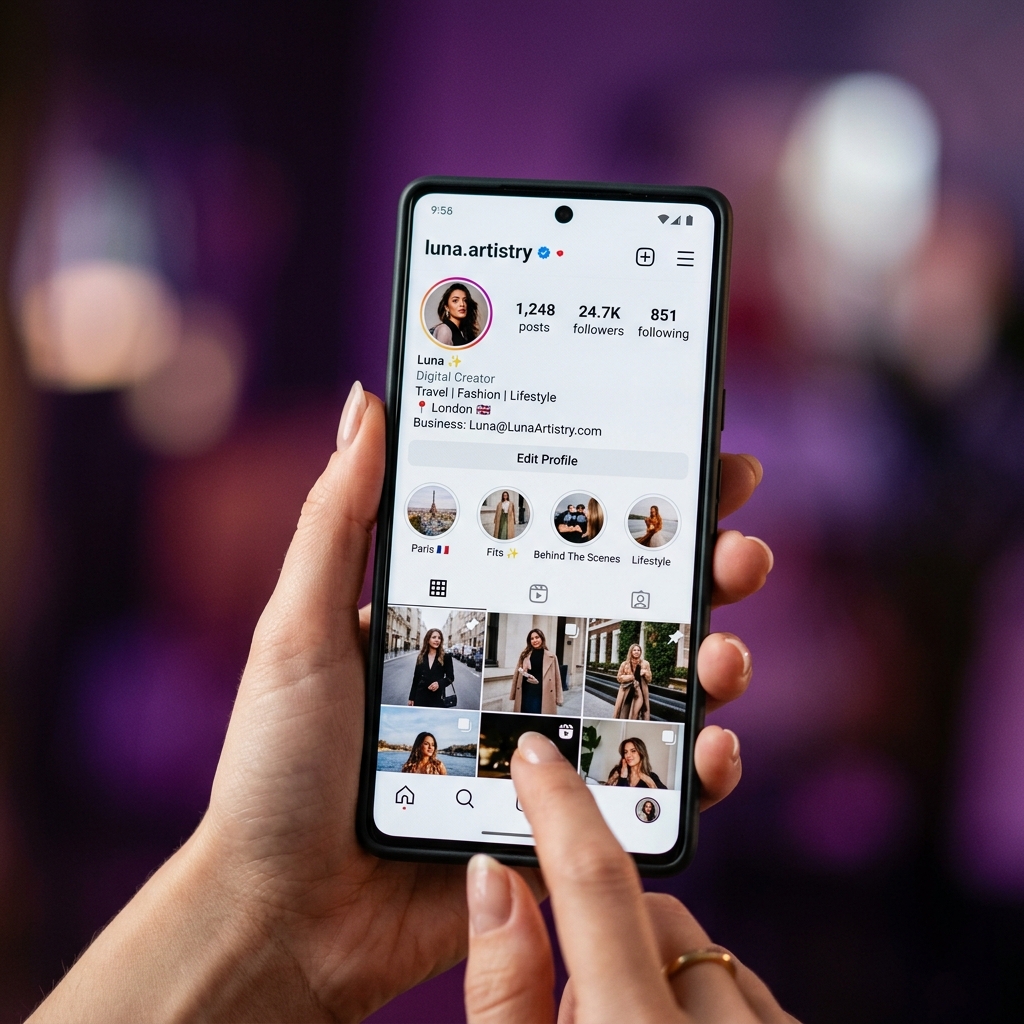 Android phone showing Instagram profile with 24.7K followers gained through InstaUp APK